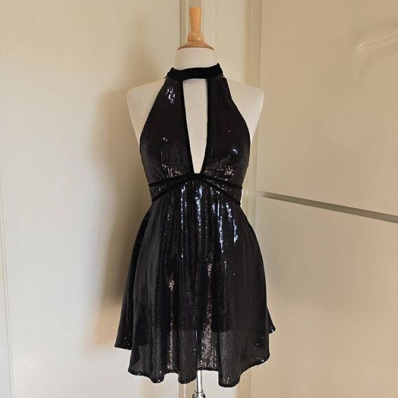 Free People  Womens Black Film Noir Sequin Deep V Sleeveless Mini Dress, NWOT, s - Picture 7 of 10
